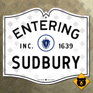 Massachusetts Sudbury book-style city limit sign
