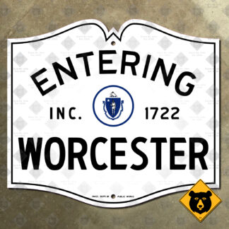 Massachusetts Worcester book-style city limit sign