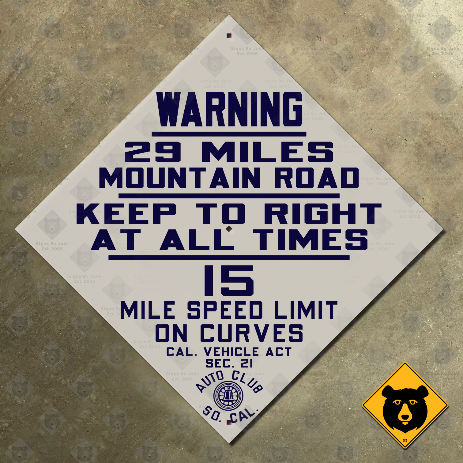 California (ACSC) Warning, 29 Miles Mountain Road sign
