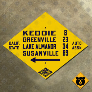California (CSAA) Keddie, Greenville, Lake Almanor, Susanville mileage sign