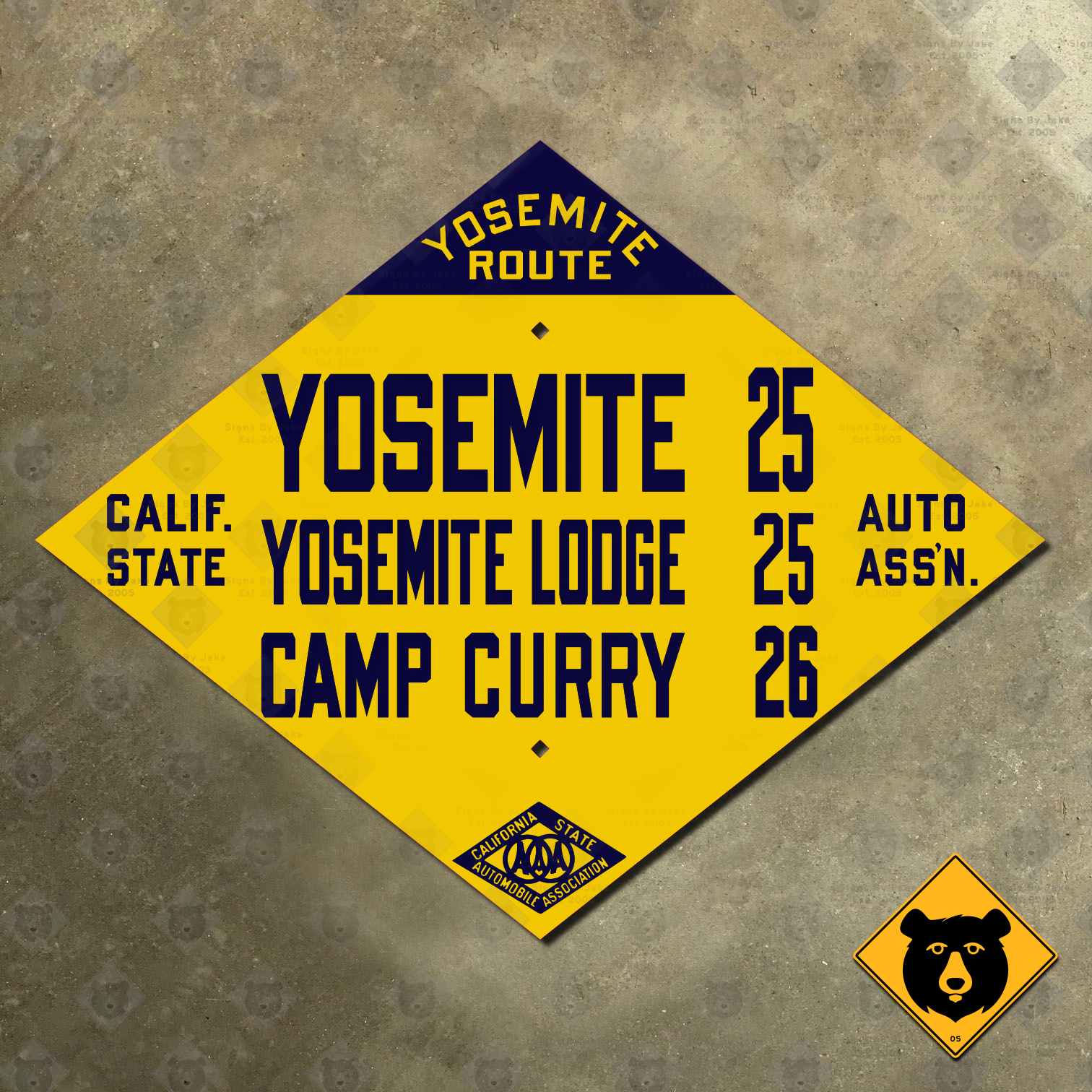 California (CSAA) Yosemite, Yosemite Lodge, Camp Curry mileage sign