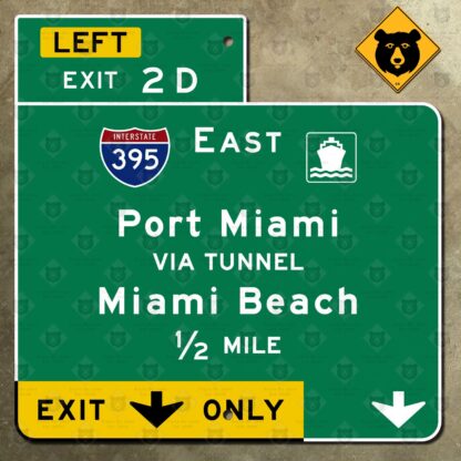 Florida I-95 Exit 2D, I-395, Port Miami, Miami Beach freeway guide sign