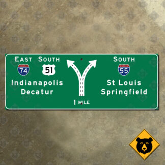 Illinois Interstate 74, US Route 51, Indianapolis, Decatur, Interstate 55, St. Louis, Springfield diagrammatic sign