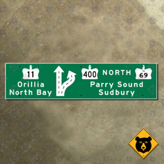 Ontario Highway 400 Exit 106, Orillia, North Bay exit sign