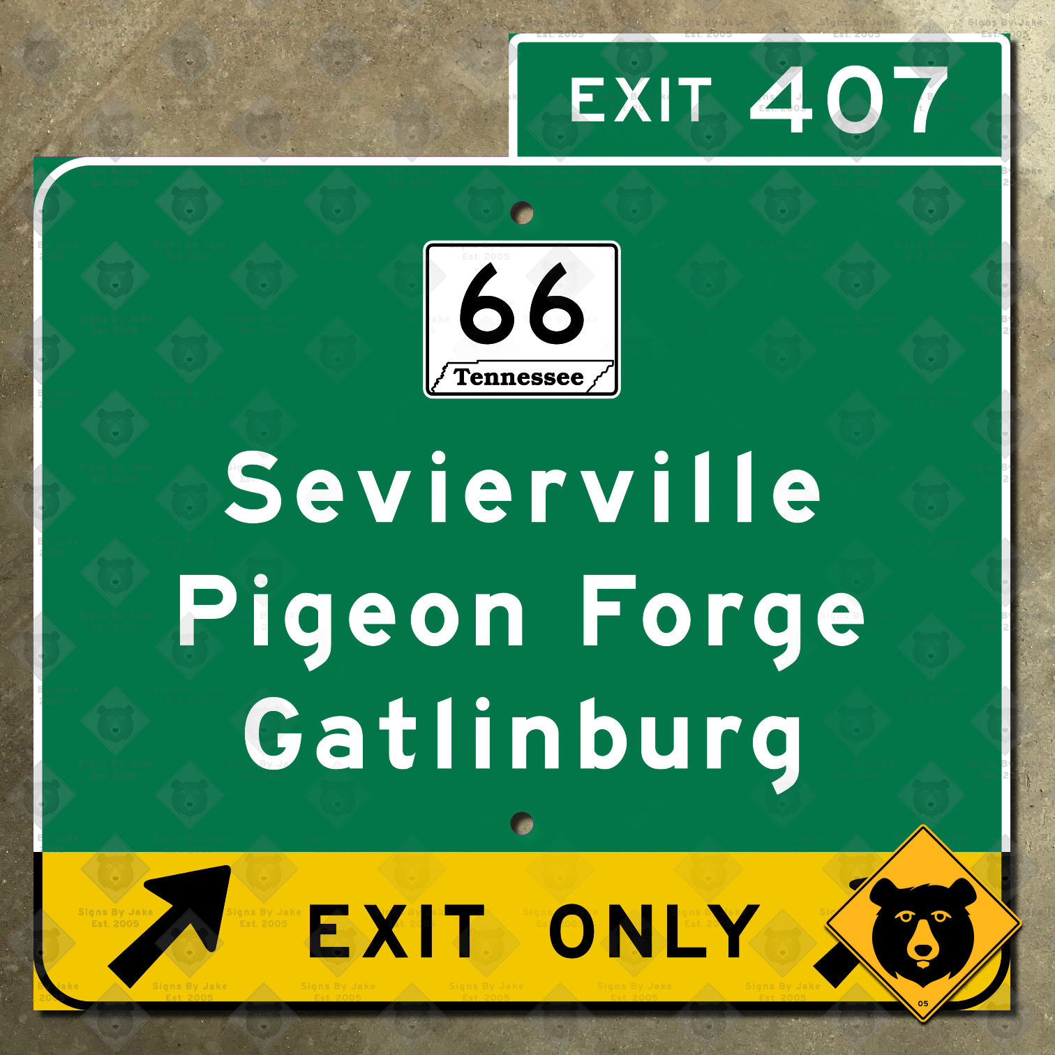Tennessee Interstate 40 Exit 407, State Route 66, Sevierville, Pigeon Forge, Gatlinburg exit sign