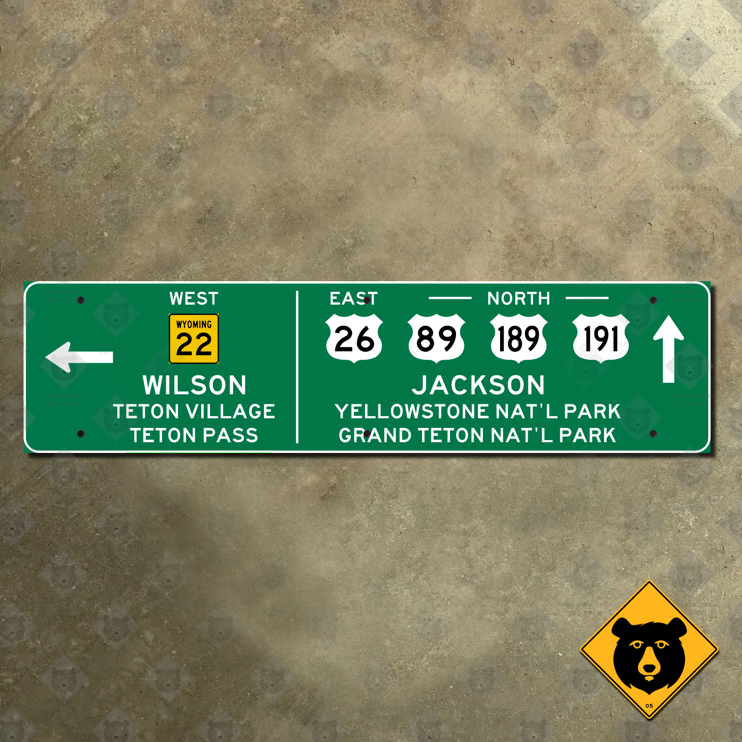 Wyoming Wilson, Jackson, Yellowstone, Grand Teton guide sign